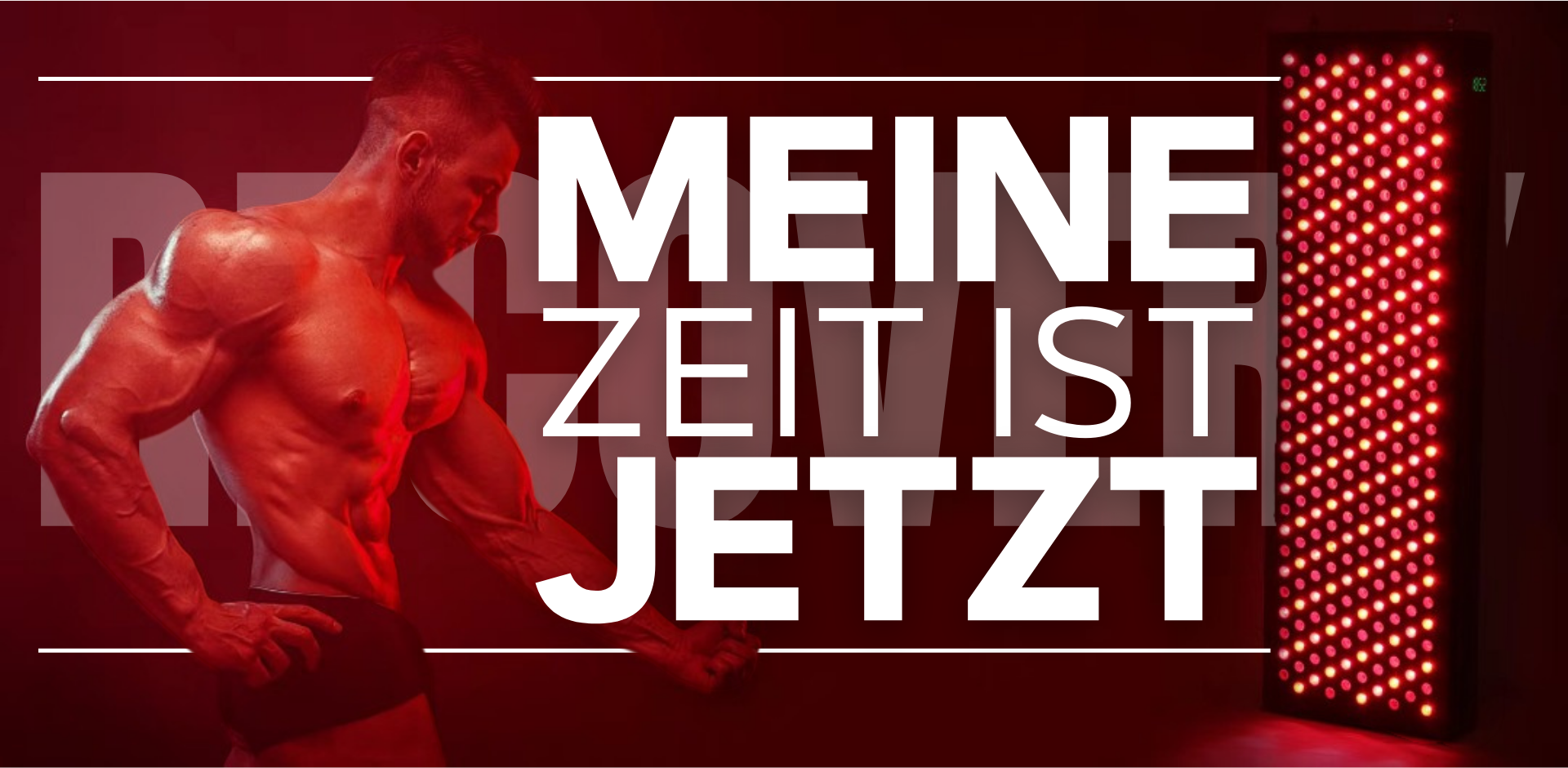 Meine Zeit ist jetzt. Durchtrainierter Mann vor dem intensivsten Rotlichtgerät, das es je gab. Regeneration pur.